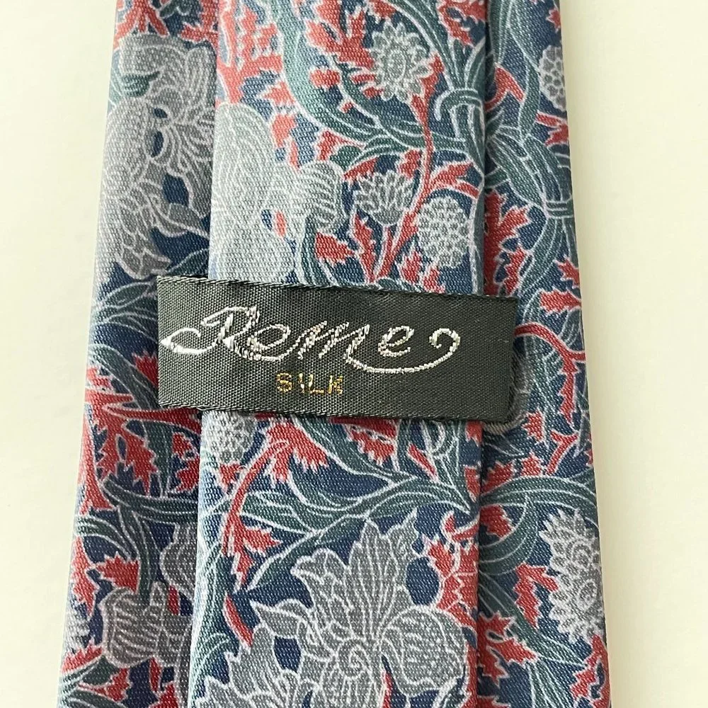 Vintage‎ Rome Silk Men's Necktie Floral Print Blue Gray Red Neckwear